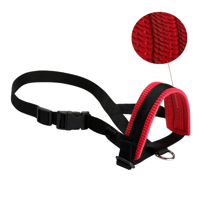 Dog harness with red padding and black strap, highlighting soft cotton lining feature.
