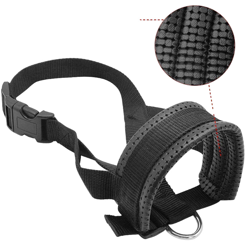 Black dog muzzle with puff cotton lining and text on a white background