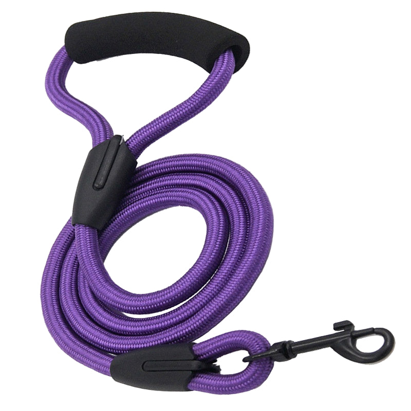 Purple dog leash with black handle and clip on a white background