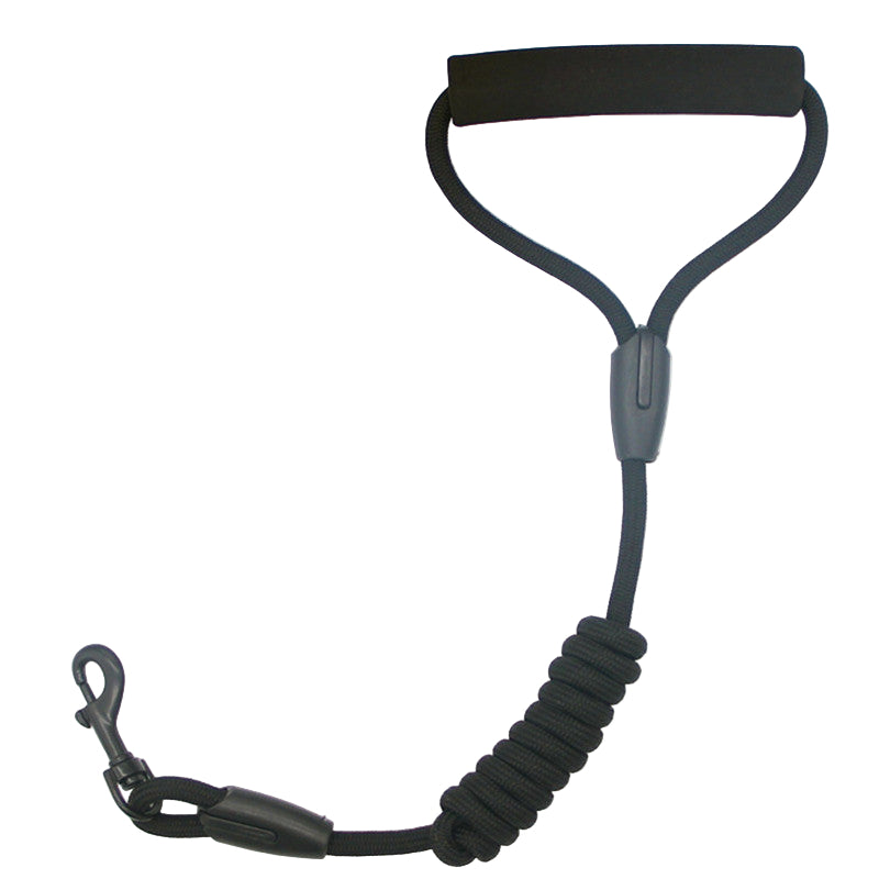 Black rope leash with a clip on a white background