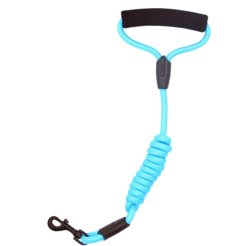 Blue dog leash with black handle and clip on a white background