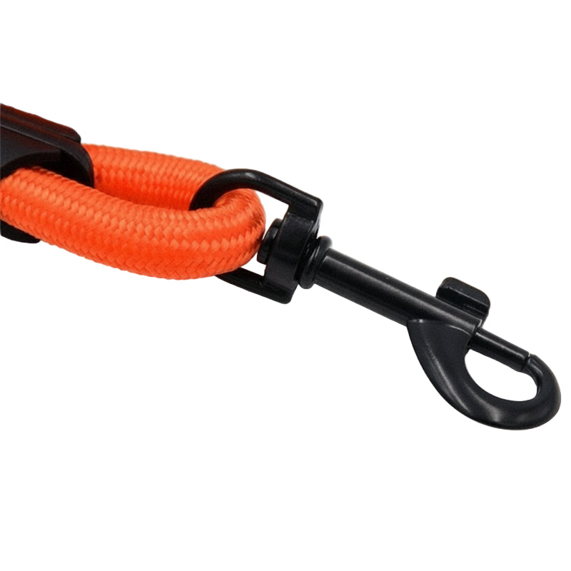 Orange braided leash with a metal hook on a white background