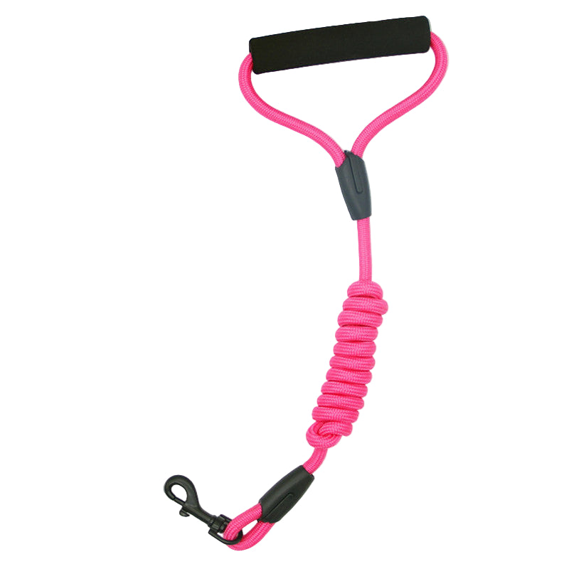 Pink coiled lanyard with black ends on a white background