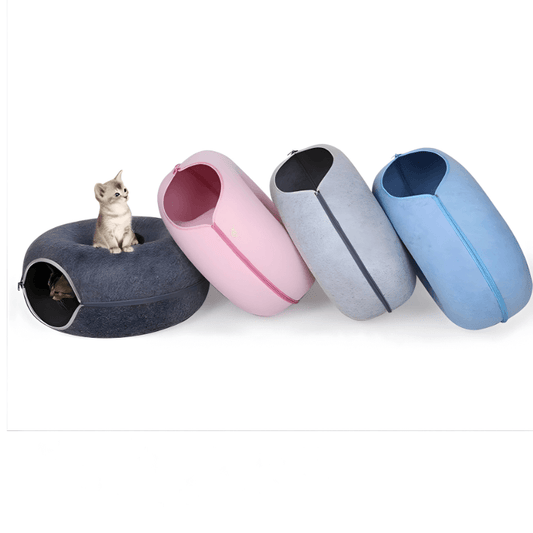 Four pet beds in different colors on a white background