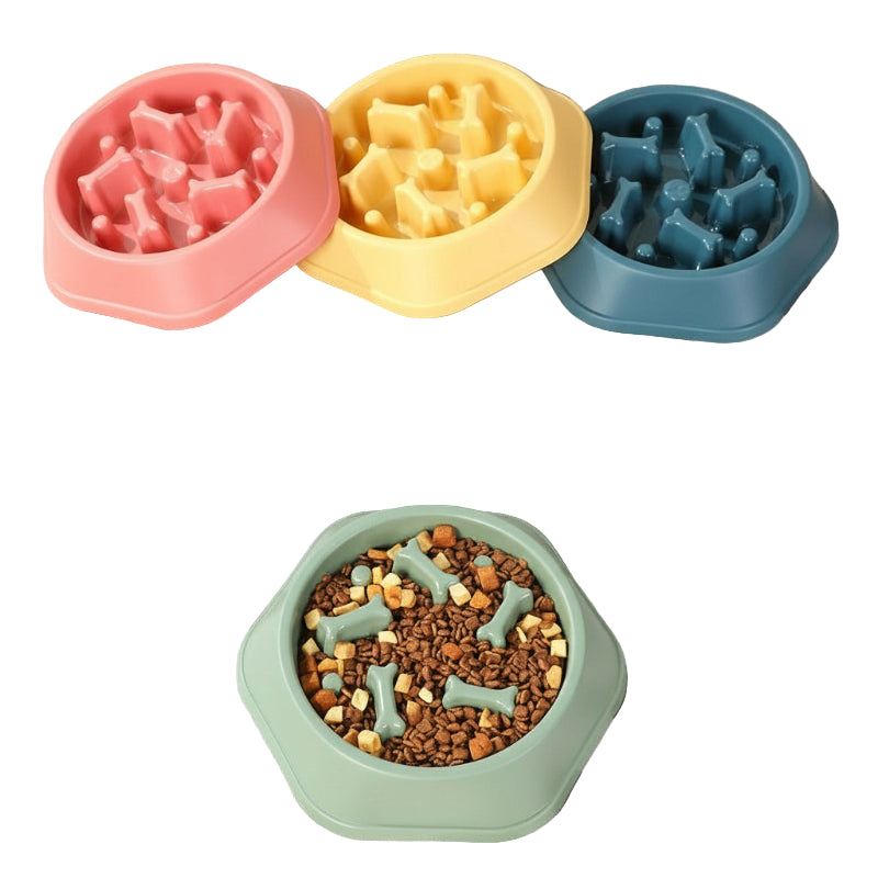 Four colorful dog bowls with textured surfaces on a striped fabric background.