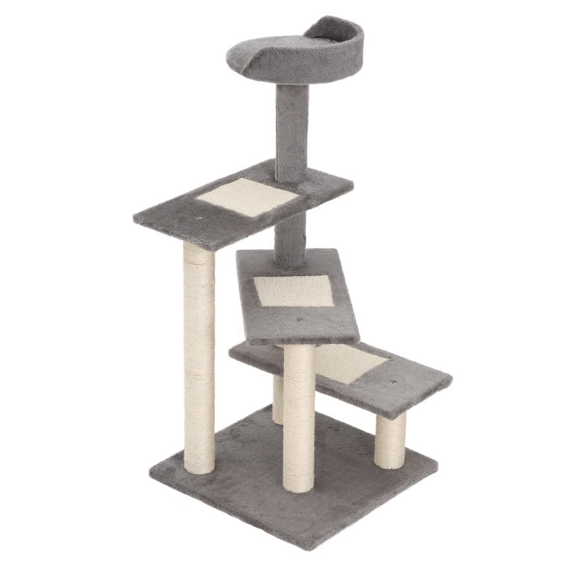 Cat tree with multiple platforms and a scratching post on a white background