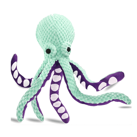 Plush octopus toy with green body and purple arms on a white background