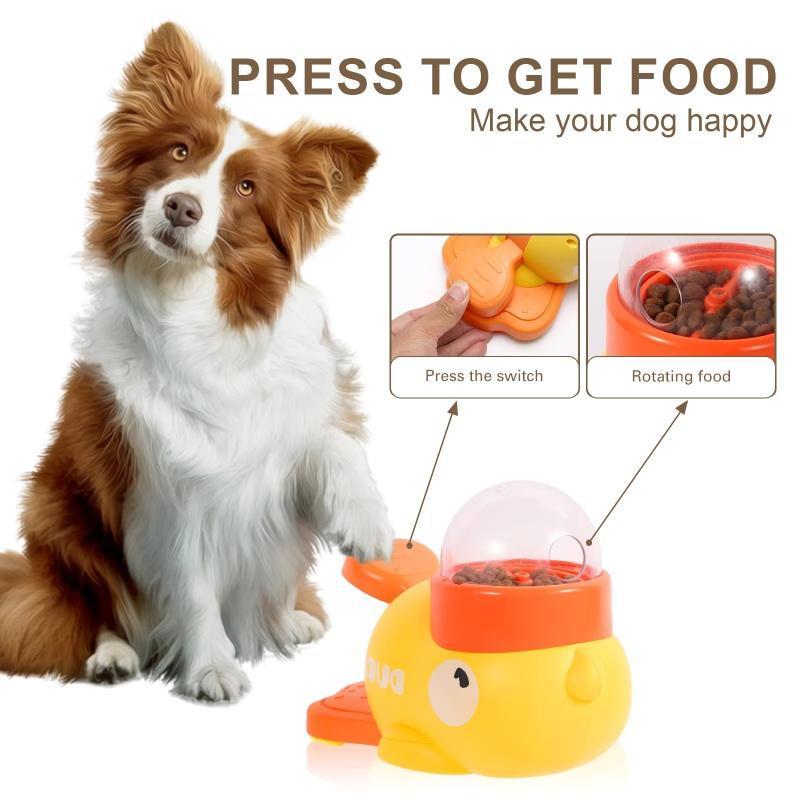 Dog with a toy designed to dispense food, featuring text 'Press to get food' and 'Make your dog happy'.