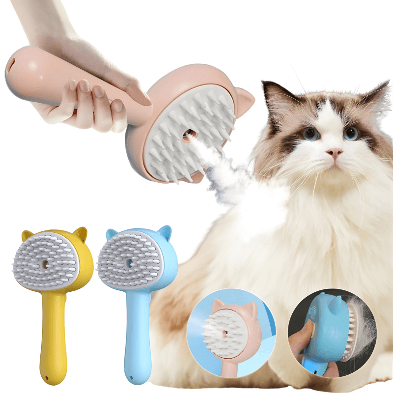 Pet grooming brush with a cat and close-up details on a white background