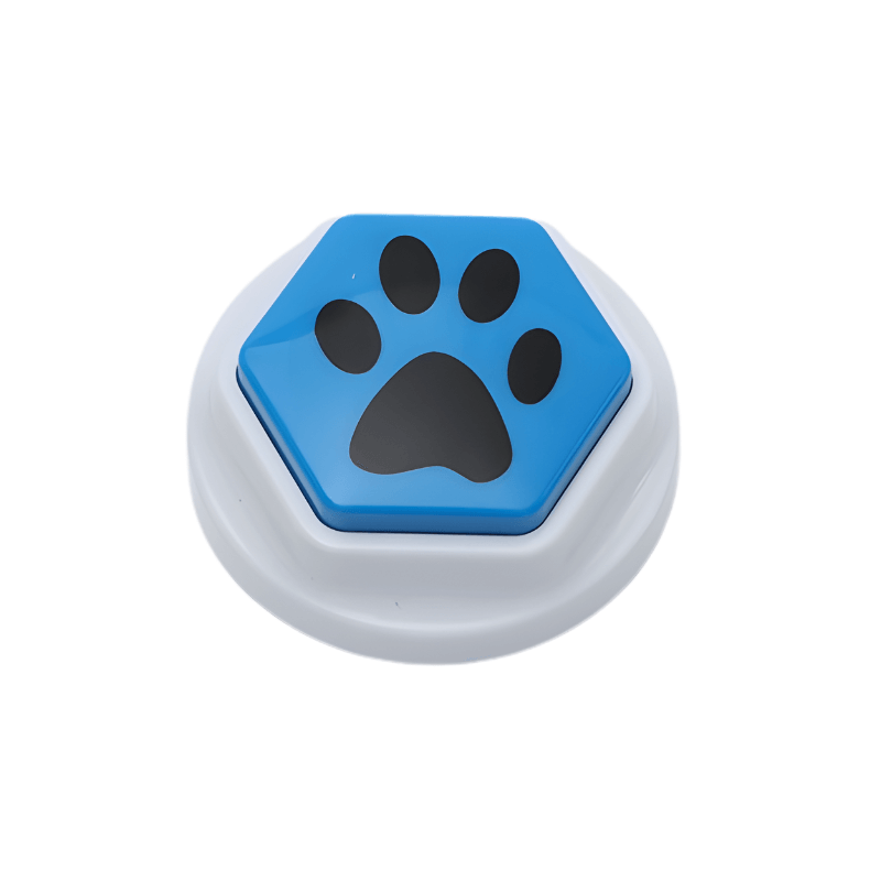 Hexagonal button with a blue top and white base featuring a black paw print design on a white background.