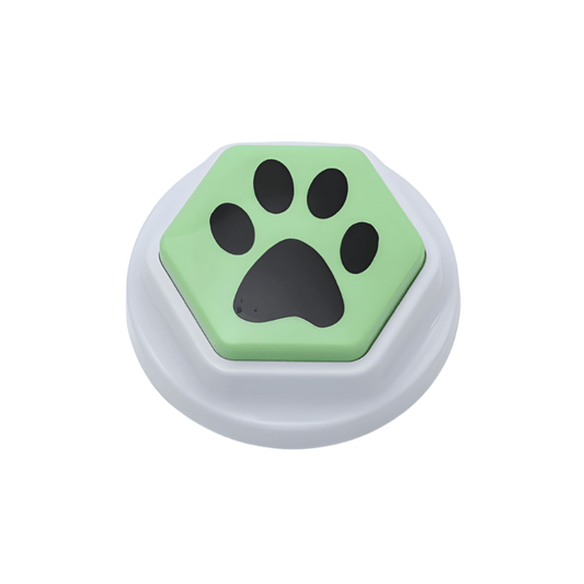 Hexagonal button with a green background and black paw print on a white background