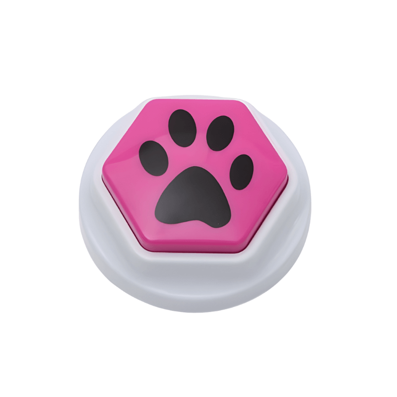 Hexagonal button with pink background and black paw print on a white background
